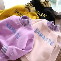 2021 new autumn and winter childrens cotton Korean version of the sweater high collar plus velvet thick warm coat female baby T-shirt tide tide