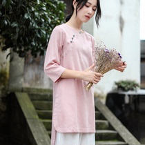  Chinese style Tang dress womens cheongsam top Mid-length Chinese tea artist overalls womens linen tea clothes womens summer