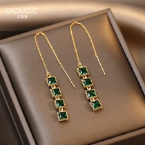 Emerald square earrings female long tassel earrings 2021 New tidal studs 925 silver needle earrings earrings