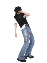 PUNK SUBCULTURE HOLES SHOW THIN IRREGULAR WASHED RIPPED DENIM CULOTTES TWO-PIECE SET CLOTHESVOICE