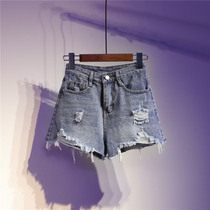 Hong Kong 2021 summer new burr hole denim shorts womens high waist plus size fat mm wide leg a word hot pants tide