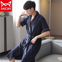 Cat Sleepwear Male Summer Pure Cotton Short Sleeve Thin bathrobe summertime loose Big code All-cotton Middle-length mens bathrobe
