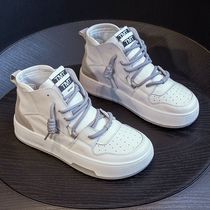 2021 Spring and Autumn new small white shoes female high-top leather ugly cute silly shoes thick bottom Sports Leisure board shoes Joker