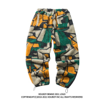 Winter Tide brand American High Street draw into a bunch of feet lamb plush cotton pants mens ins letter embroidery padded casual pants