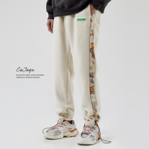 Winter European and American Street cartoon bear stitching lamb wool cotton pants mens tide card students wild loose warm pants