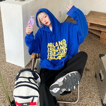 Leman Jinjun men and women same clothes men Tide brand Klein blue sweater hooded oversize Royal Blue