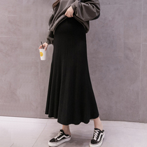 Fashion pregnant womens skirt outer wear knitted autumn and winter thickened pit black hip skirt high waist belly mid-length skirt