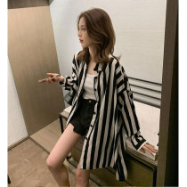 Maternity sunscreen clothing 2021 Korean version loose striped cardigan wild jacket large size medium long shirt dress