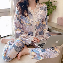 Pajamas female spring and autumn Ice Silk sweet and cute two-piece silk long sleeve autumn and winter thin ladies home clothes