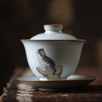 Handmade Ruyao open piece ceramic hand-painted Cat Kung Fu tea cover bowl Literary Youth tea Japanese-style cover bowl
