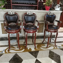 European style bar chair leather solid wood neoclassical retro image high foot back chair Hotel Villa American bar stool