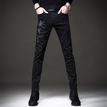 Pure black jeans men embroidered fashion brand 2021 Winter new small feet pants mens youth embroidered slim trousers