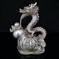 Ancient Play Bronze Ware Collection White Bronze Silver Plated Pure Bronze Dragon Pendulum Gourd Dragon Theatre Pearl Office Adornment