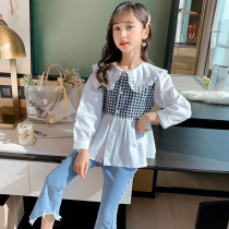 Girl Spring Autumn Shirt Foreign Air Splicing Plaid Dolls Collar Long Sleeves Shirt Children Fall Blouse Jeans Childrens Clothing