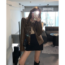 Meow Meow Cat Curry leather jacket womens new fashion autumn jacket retro loose harbor style top