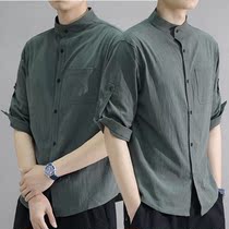 2021 new mens linen shirt summer handsome slim cotton seven-point sleeve Hong Kong wind half-sleeve shirt mens short sleeves