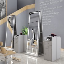 Solid Wood simple Net Red Barber mirror floor hanging wall double mirror LED light mirror table beauty salon dedicated