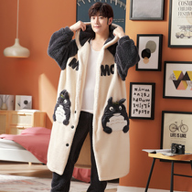 Mens Pajamas Autumn Winter Coral Fleece Thickened Flannel Cartoon Medium Long Dress Mens Loungewear Set