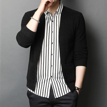 Rich bird knitwear mens autumn new shirt collar cardigan jacket Korean version of the trend striped fake two-piece sweater