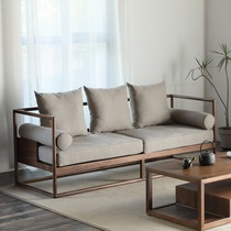 North American black walnut wood sofa New Chinese full solid wood sofa composition Living room trio Cloth Art Wood Sofa furniture
