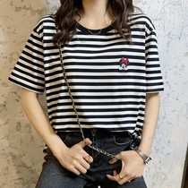 Hong Kong pop brand loose striped short-sleeved t-shirt womens summer 2021 new half-sleeve cartoon cotton top thin