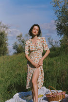 rouje French Floral Cherry Print V-neck Wrap Lace-up waist dress Tea break dress 21 Summer