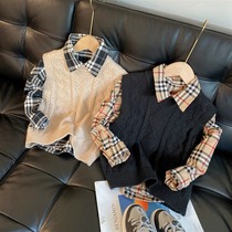 Childrens hair line waistcoat Korean version of autumn clothing boy pure color vest 100 hitch costume 2022 new big child sweater sleeveless