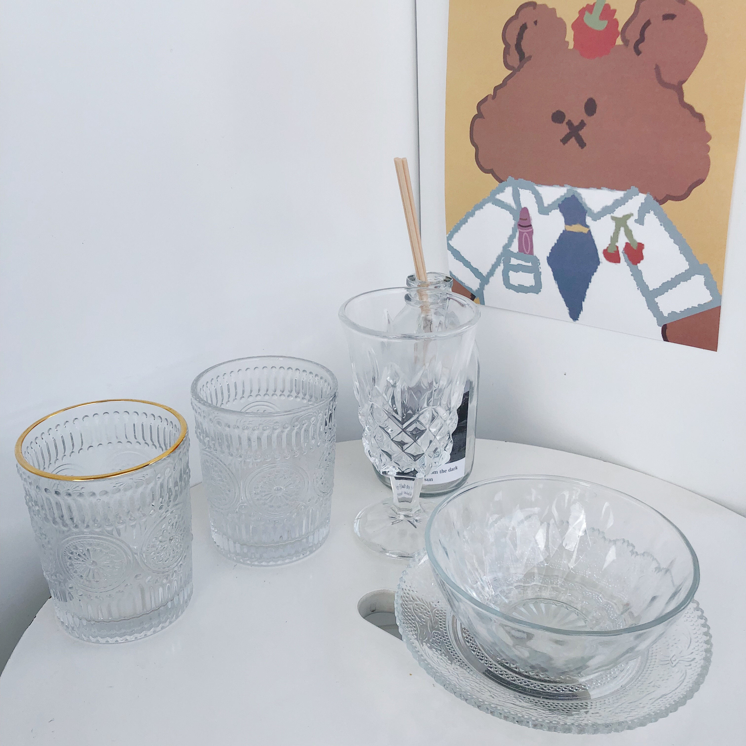 Korean ins simple retro vintage French girl carved glass transparent high-footed cup dish set tableware