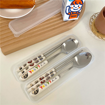 Korea ins cute cartoon portable ceramic handle stainless steel chopsticks spoon set tableware household bento breakfast