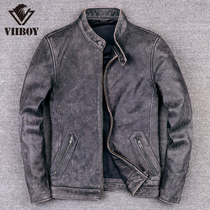 Special offer leather mens leather jacket top layer pure cowhide slim fit short section stand collar motorcycle leather jacket autumn and winter single leather trend