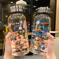 Large capacity glass 1000ml large kettle portable cute high temperature resistant ins household mens and womens water bottle large