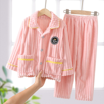 Autumn and Winter Childrens flannel pajamas plus velvet thickened boys and girls new coral velvet boys and girls suit