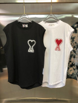 21 summer fashion brand ami vest small vest black hearts A heart embroidery loose waistband short-sleeved T-shirt men and women