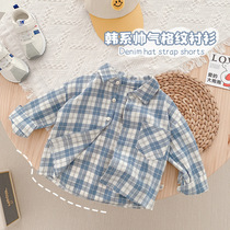Boy shirt pure cotton spring and autumn thin section Plaid Inn Wind Leisure Loose Collar Children Childrens Blouse Jacket Man