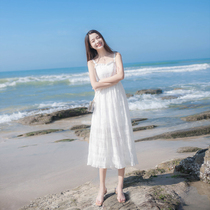 Korean summer new womens clothing 2021 vintage fairy long dress seaside vacation beach skirt skirt suspender dress