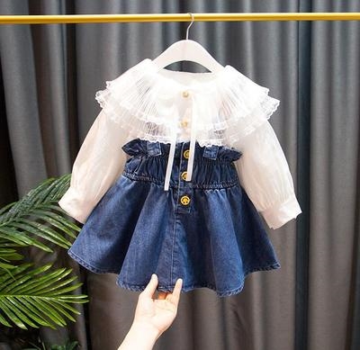 Girl spring dress new dress set female baby lace shirt base shirt child denim princess dress