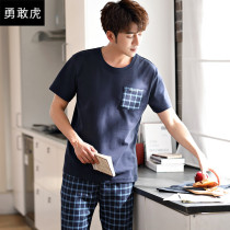 Pajamas mens summer cotton short-sleeved trousers mens cotton youth plus size thin set spring and autumn summer homewear