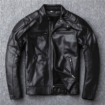Unremovable liner autumn and winter leather leather jacket mens stand collar head layer cowhide motorcycle leather jacket Harley riding suit