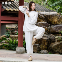 Cotton linen buckle suit meditation elegant Chinese style yoga clothing white celestial hemp Taiji tea clothing female autumn