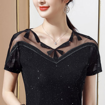 Short-sleeved new summer national standard modern ballroom dance with diamond Latin dance hollow round neck top female practice dance suit