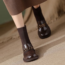 Highly recommended ~ there is no reason to miss it @ metal chain buckle short boots female thick heel socks boots British style