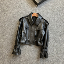 Haining leather women's spring and autumn new sheepskin horn sleeve Korean version of short coat motorcycle leather jacket coat