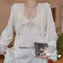Sweet soft glutinous Lady Anna French style romantic lace V collar harness sleeping skirt long and two sets of home clothes