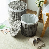 Blue-gray vine dirty basket with lid lined round dirty barrel large washing basket with fabric basket