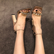 2022 spring and summer new nude color water drill coarse heel and ultra high heel I button European and American Korean version womens shoe tides