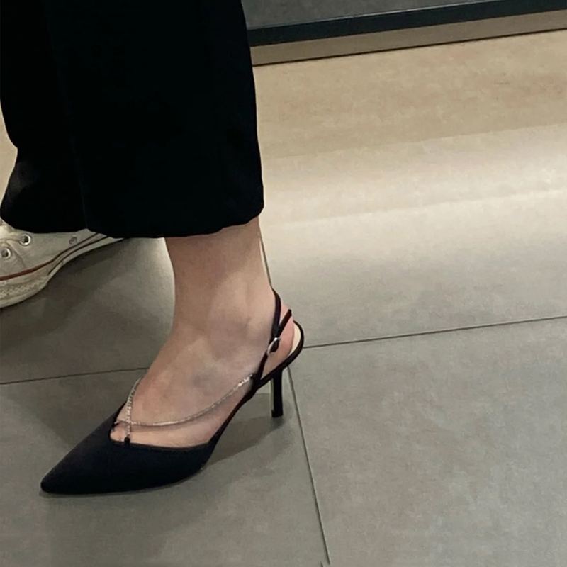 2021 spring and summer new sharp water drill flat bottom thin heel high heel water drill a word buckle gray black womens shoes tide