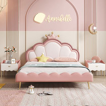 Sweet girl Crown princess bed simple single solid wood light luxury leather bed Big Boy pink flower girl childrens bed