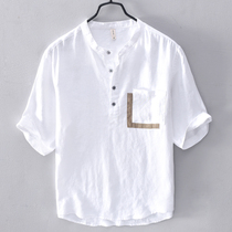 Hong Kong linen stand-up collar pullover short-sleeved shirt mens pocket top summer casual loose half-sleeve cotton and linen shirt tide