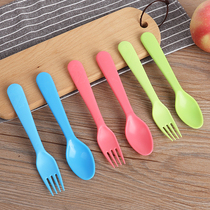 Children's fruit plastic fork safety spoon does not hurt mouth knife and fork cake fork thickened durable noodles four-tooth fork