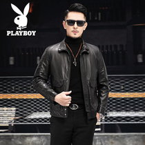 Playboy mens leather slim handsome leather jacket mens oil wax head layer cowhide short lapel locomotive suit